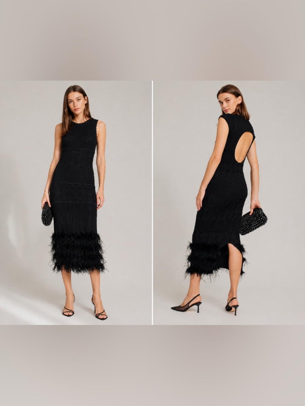 Torn by Ronny Kobo Noah Feather Hem Black Knit Midi Dress Size S